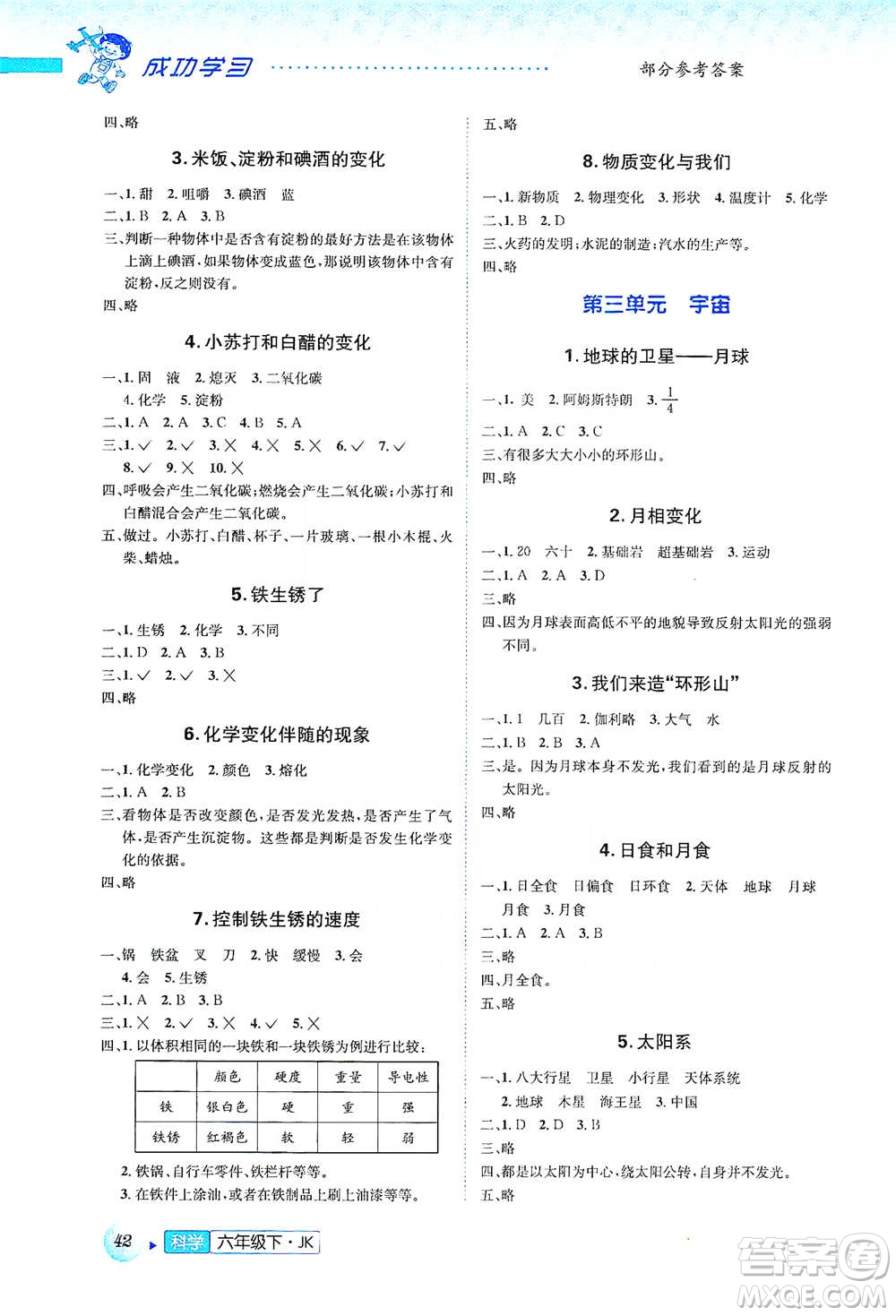 云南科技出版社2021創(chuàng)新成功學(xué)習(xí)同步導(dǎo)學(xué)六年級(jí)下冊(cè)科學(xué)教科版參考答案