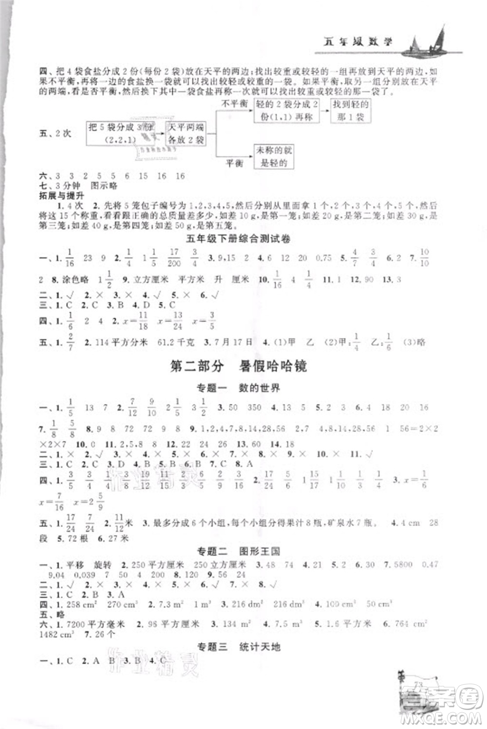 安徽人民出版社2021小學(xué)版暑假大串聯(lián)數(shù)學(xué)五年級人民教育教材適用答案
