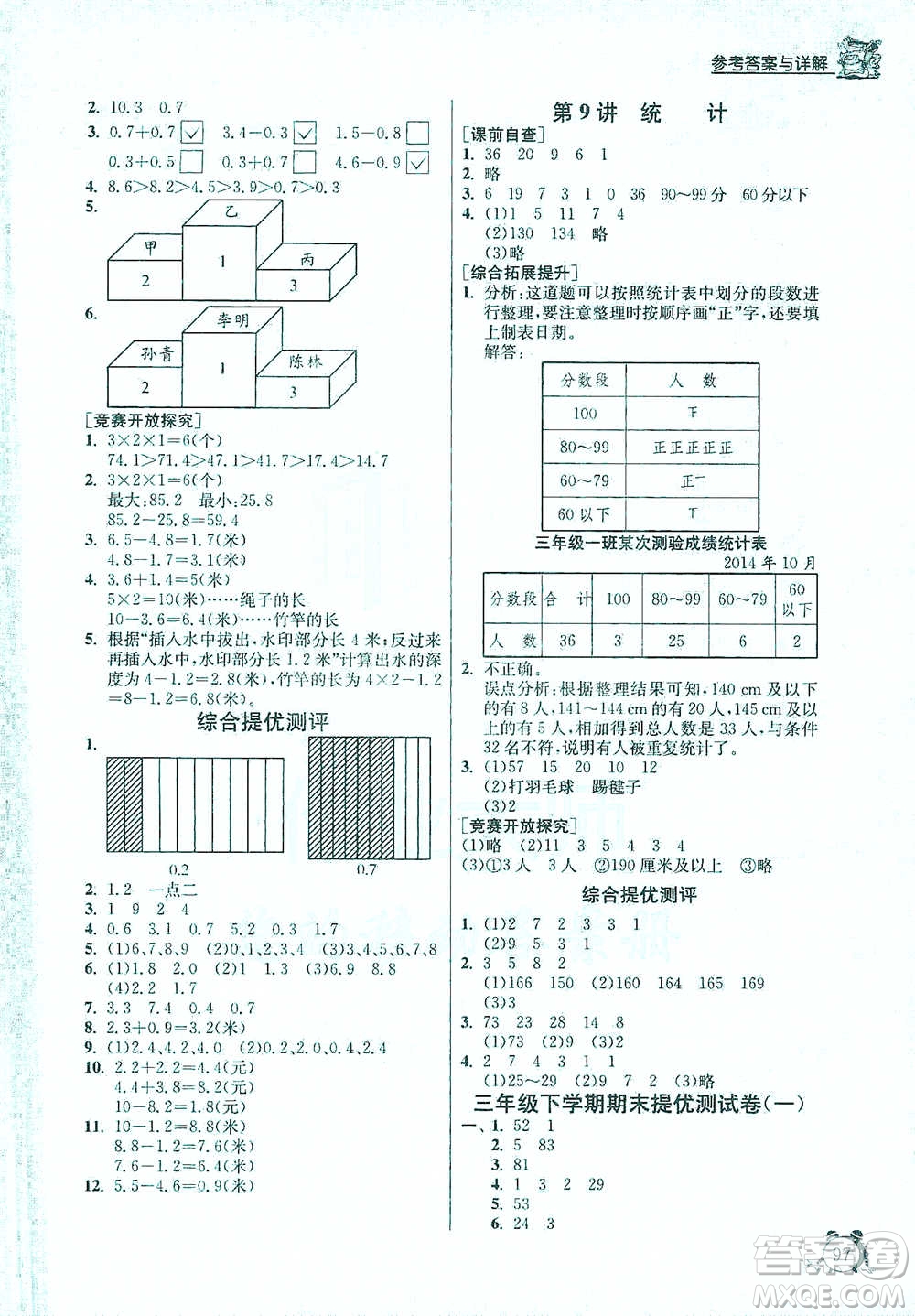 江蘇人民出版社2021實驗班提優(yōu)輔導(dǎo)教程三年級下冊數(shù)學(xué)通用版參考答案