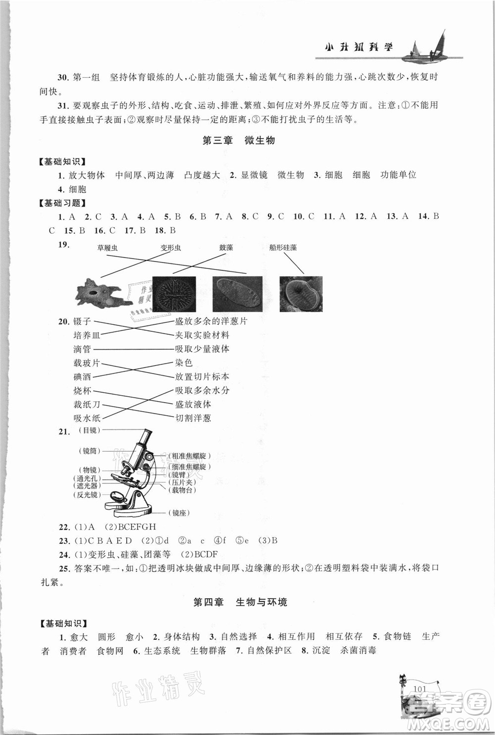 江蘇人民出版社2021小學版暑假大串聯(lián)科學小升初銜接教材教育科學教材適用答案