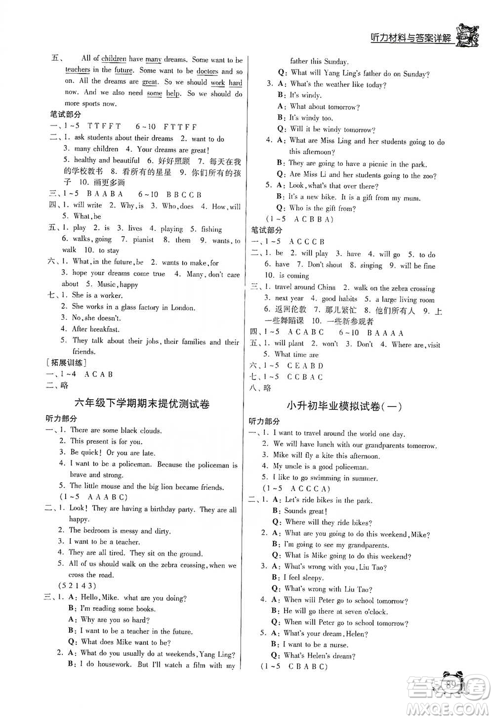 江蘇人民出版社2021實(shí)驗(yàn)班提優(yōu)輔導(dǎo)教程六年級(jí)下冊英語譯林版參考答案