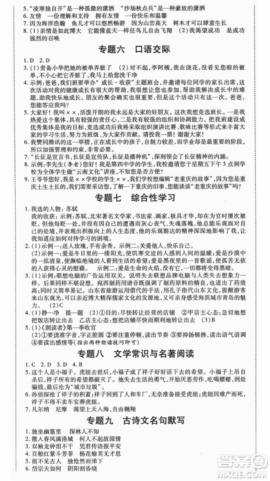 云南美術(shù)出版社2021本土假期總復(fù)習(xí)暑假七年級(jí)語文人教版參考答案