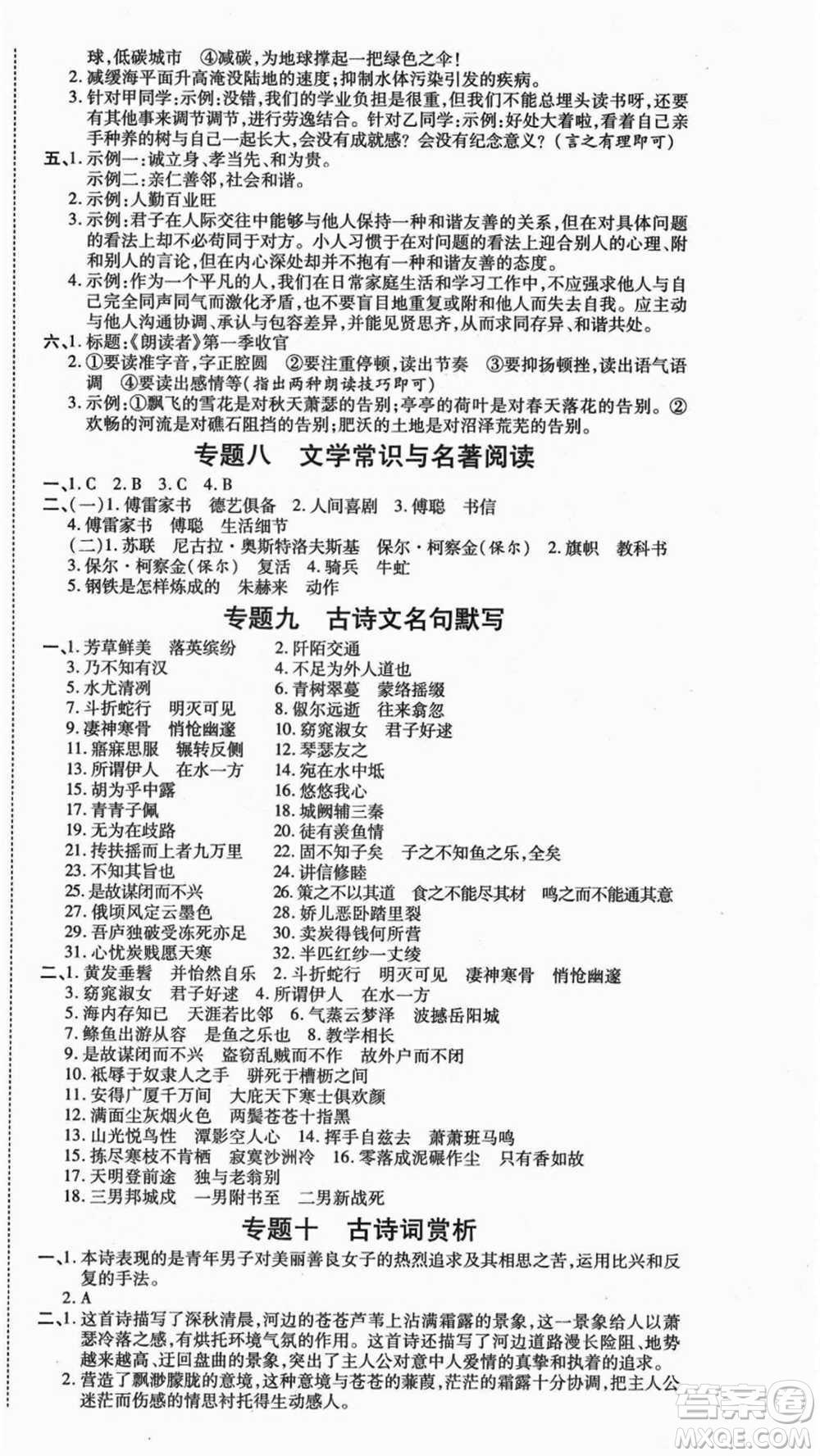 云南美術(shù)出版社2021本土假期總復(fù)習(xí)暑假八年級語文人教版參考答案