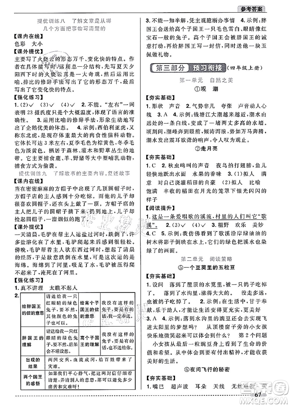 江西教育出版社2021陽(yáng)光同學(xué)暑假銜接3升4年級(jí)語(yǔ)文人教版答案