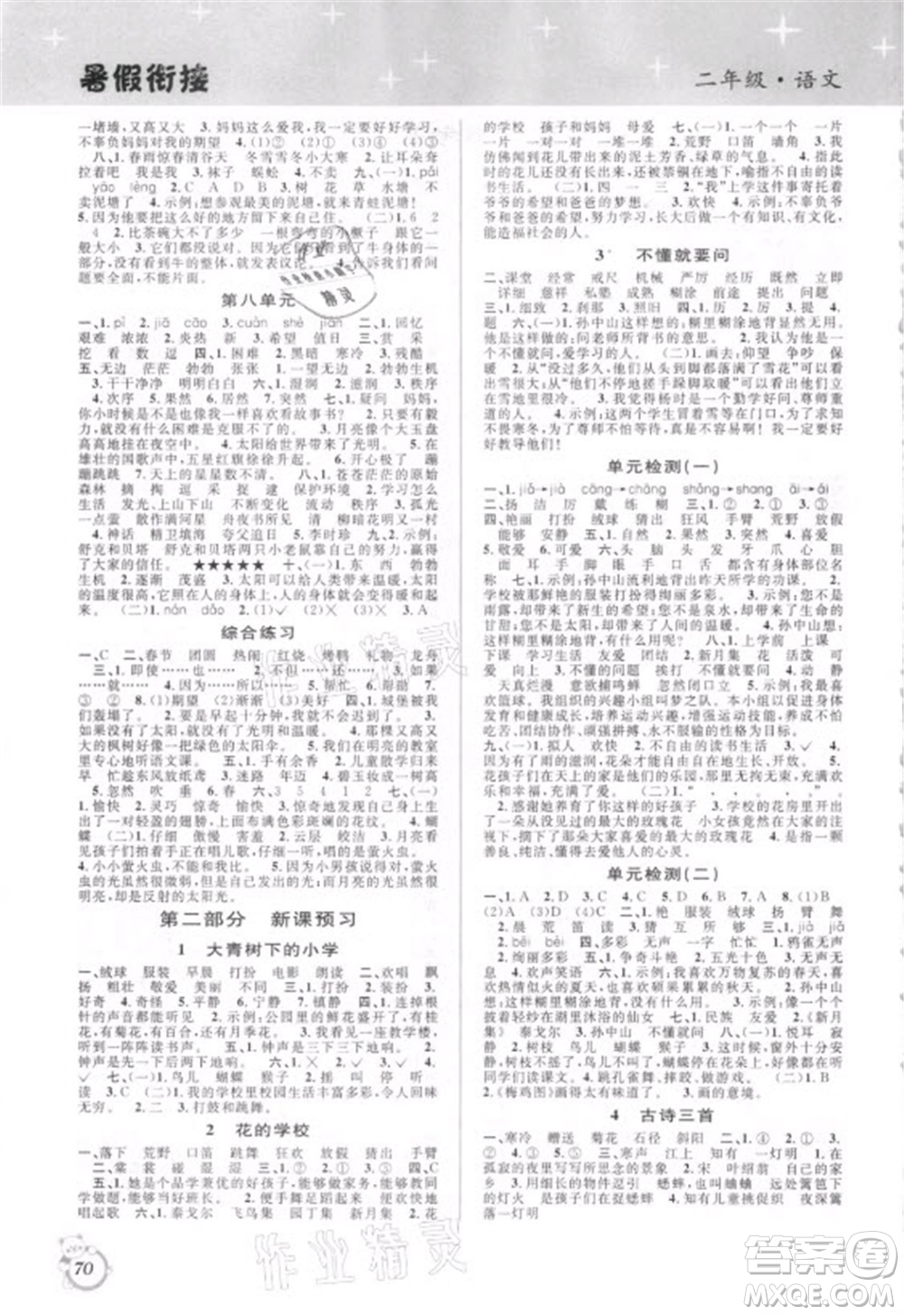 安徽人民出版社2021第三學期暑假銜接語文二年級人教版答案