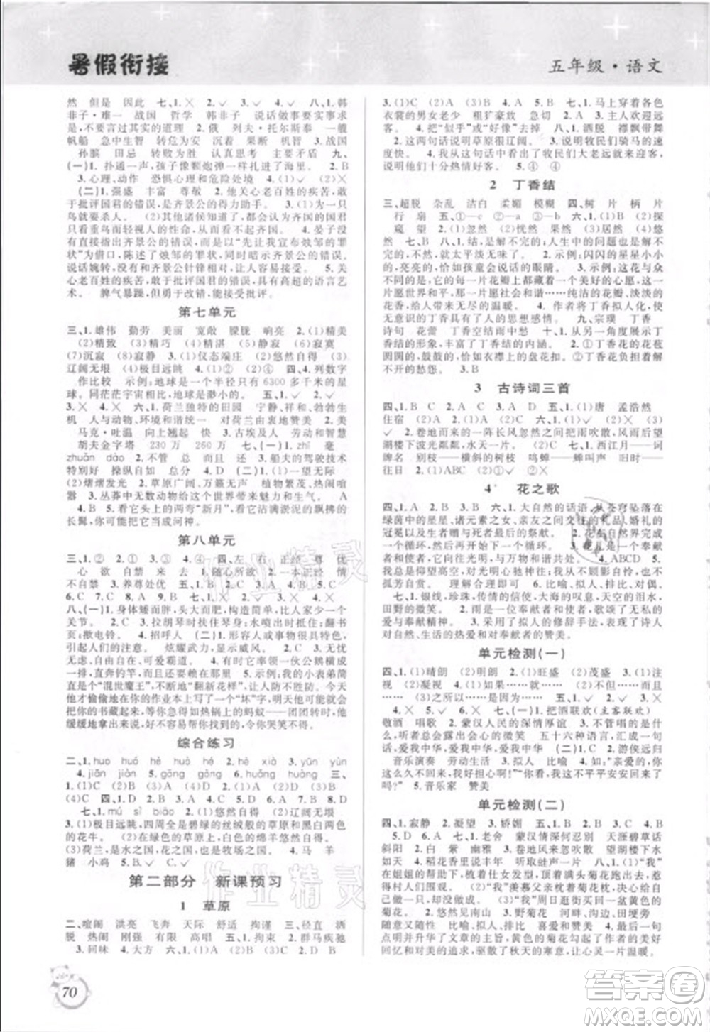 安徽人民出版社2021第三學(xué)期暑假銜接語(yǔ)文五年級(jí)人教版答案