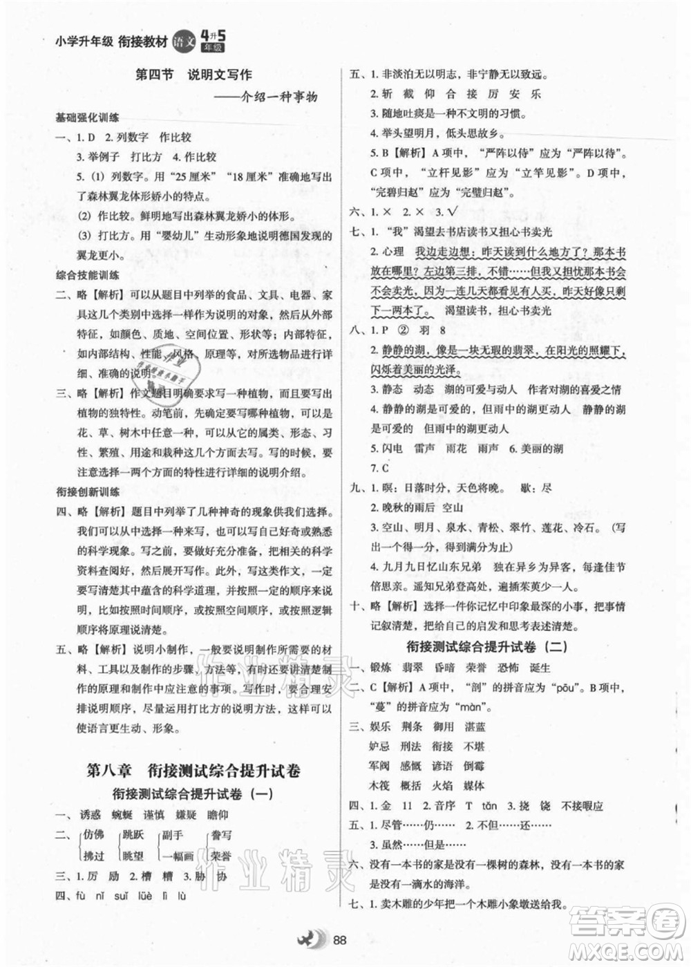 河北教育出版社2021小學(xué)升年級銜接教材4升5年級語文答案