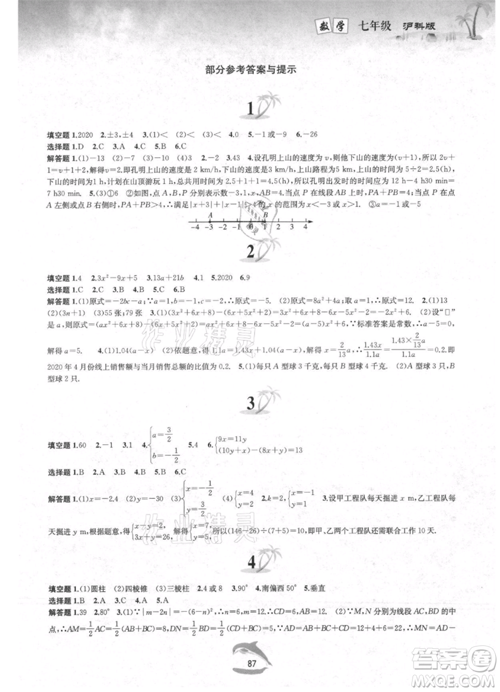 黃山書(shū)社2021暑假作業(yè)七年級(jí)數(shù)學(xué)滬科版參考答案