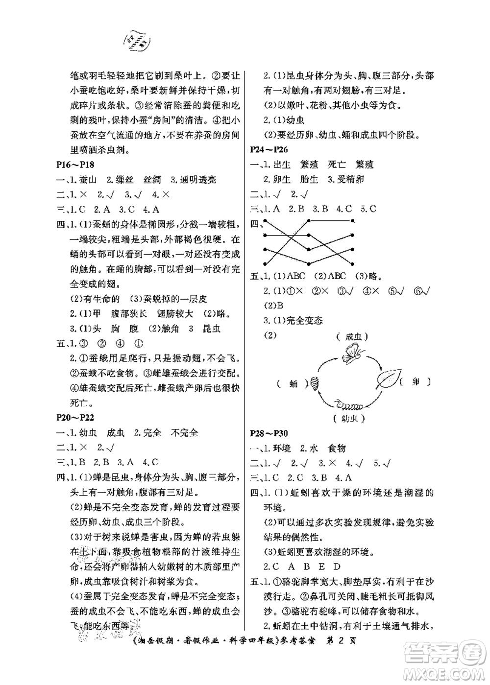 湖南大學出版社2021湘岳假期暑假作業(yè)四年級科學第四版湘科版答案