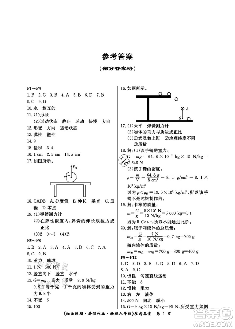湖南大學(xué)出版社2021湘岳假期暑假作業(yè)八年級物理第四版人教版答案