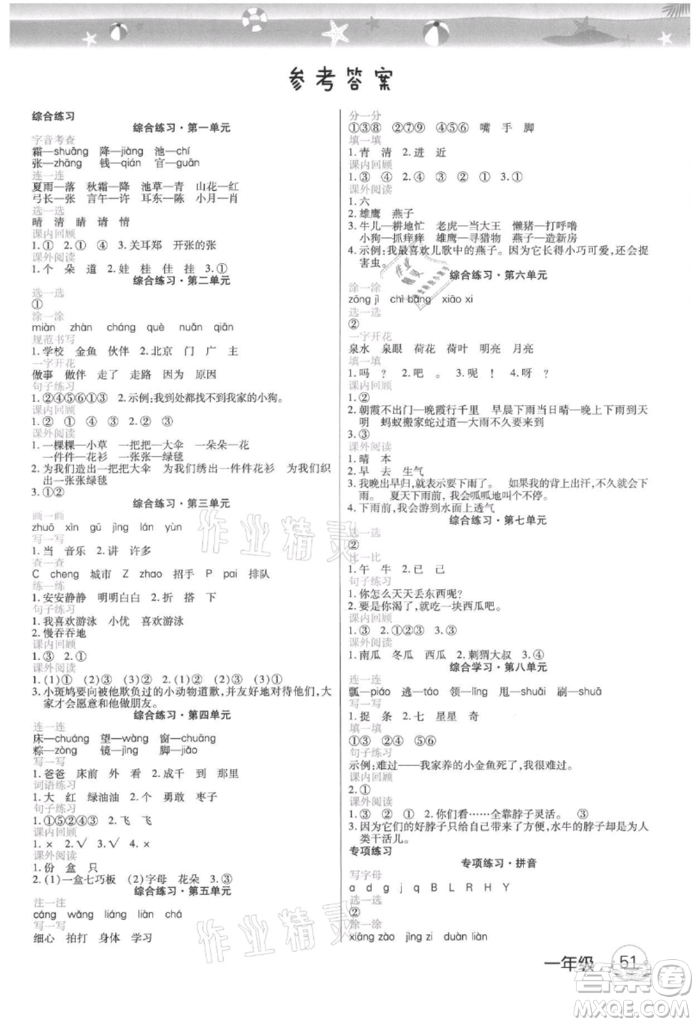 武漢大學(xué)出版社2021培優(yōu)小狀元暑假作業(yè)一年級語文人教版參考答案