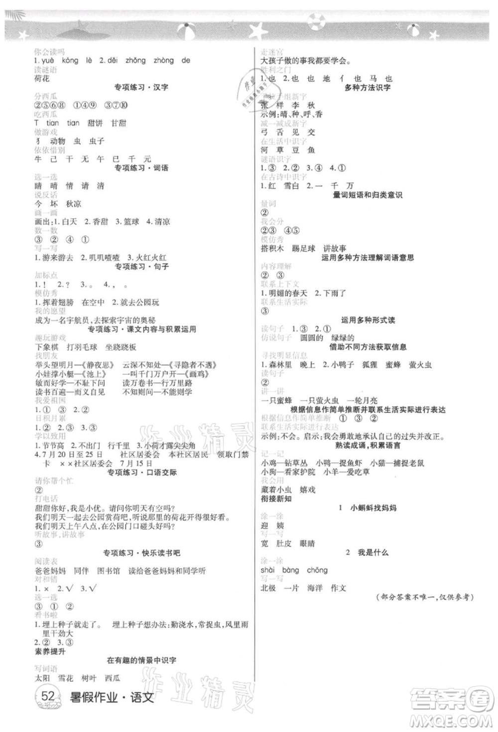 武漢大學(xué)出版社2021培優(yōu)小狀元暑假作業(yè)一年級語文人教版參考答案