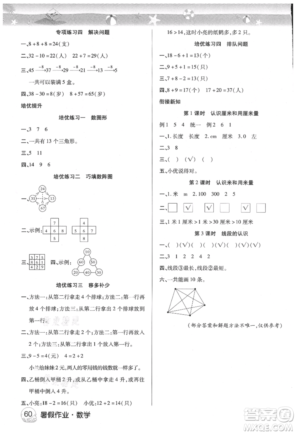 武漢大學(xué)出版社2021培優(yōu)小狀元暑假作業(yè)一年級(jí)數(shù)學(xué)人教版參考答案