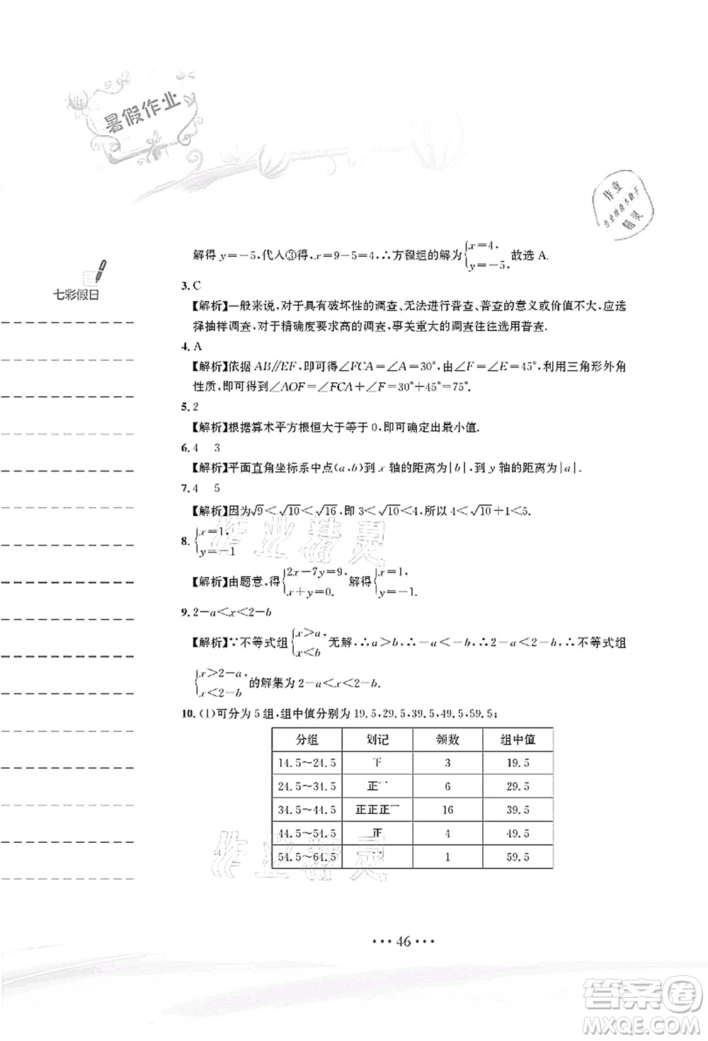 安徽教育出版社2021暑假作業(yè)七年級(jí)數(shù)學(xué)人教版答案