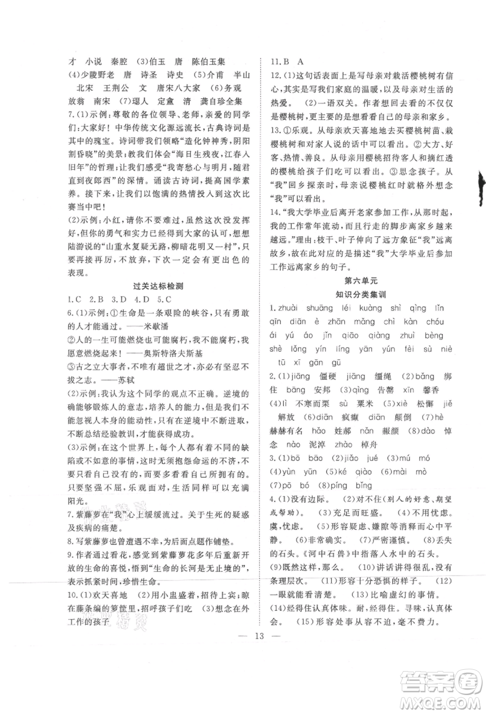 希望出版社2021暑假訓(xùn)練營學(xué)年總復(fù)習(xí)七年級語文人教版參考答案