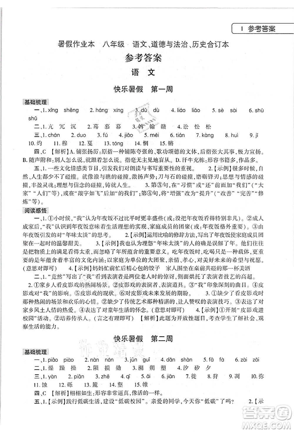 大象出版社2021語文道德與法治歷史合訂本暑假作業(yè)本八年級參考答案