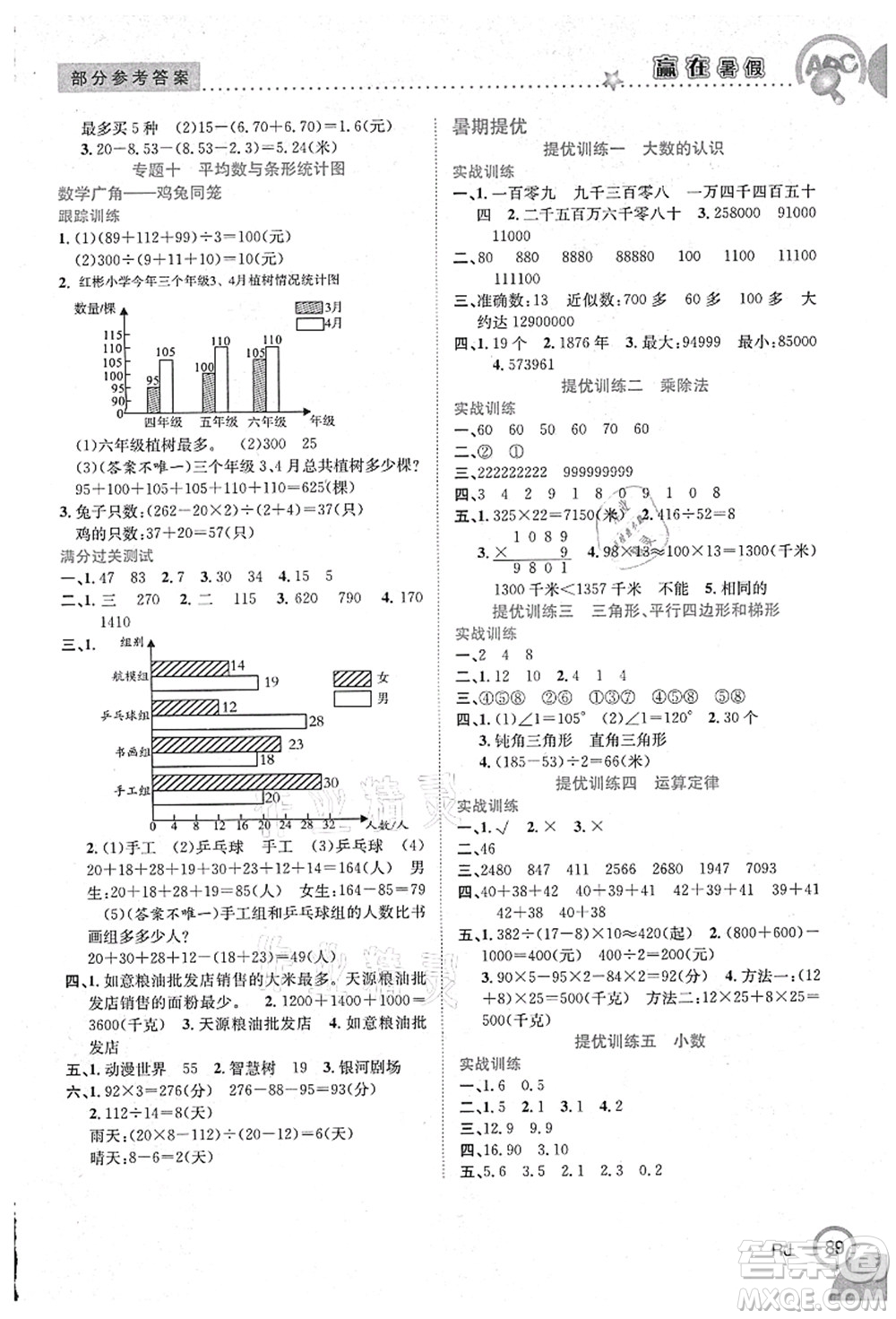 合肥工業(yè)大學出版社2021贏在暑假銜接教材四年級數學人教版答案