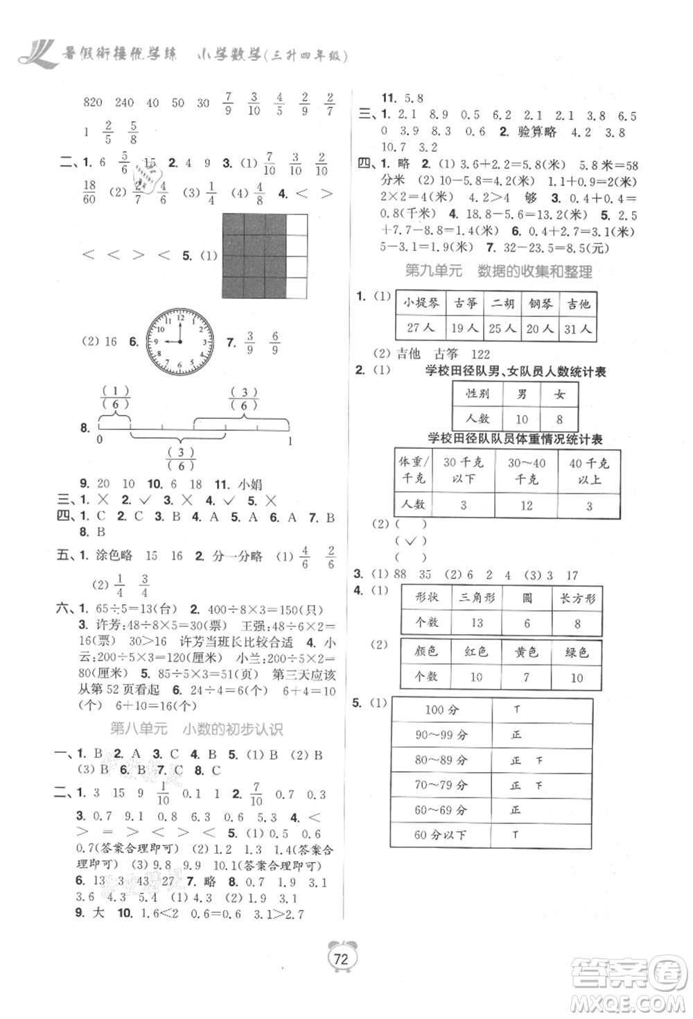 江蘇鳳凰美術(shù)出版社2021超能學(xué)典暑假銜接優(yōu)學(xué)練三年級數(shù)學(xué)江蘇版參考答案