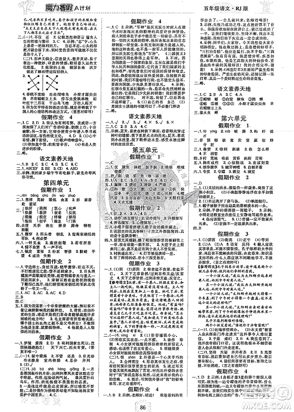 江西美術(shù)出版社2021魔力暑假A計(jì)劃五年級語文RJ人教版答案