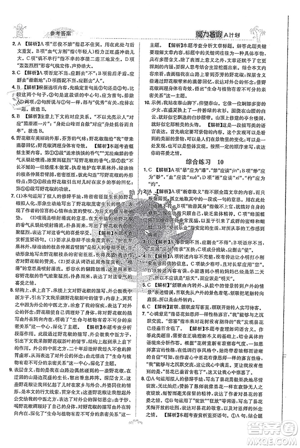 江西美術(shù)出版社2021魔力暑假A計(jì)劃七年級(jí)語(yǔ)文RJ人教版答案