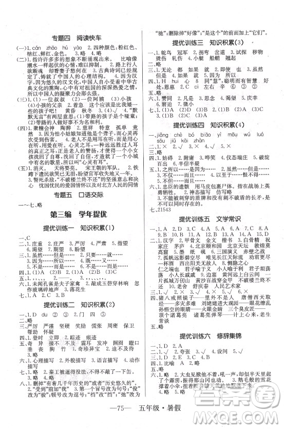 海南出版社2021高效A計(jì)劃期末暑假銜接語文五年級RJ人教版答案