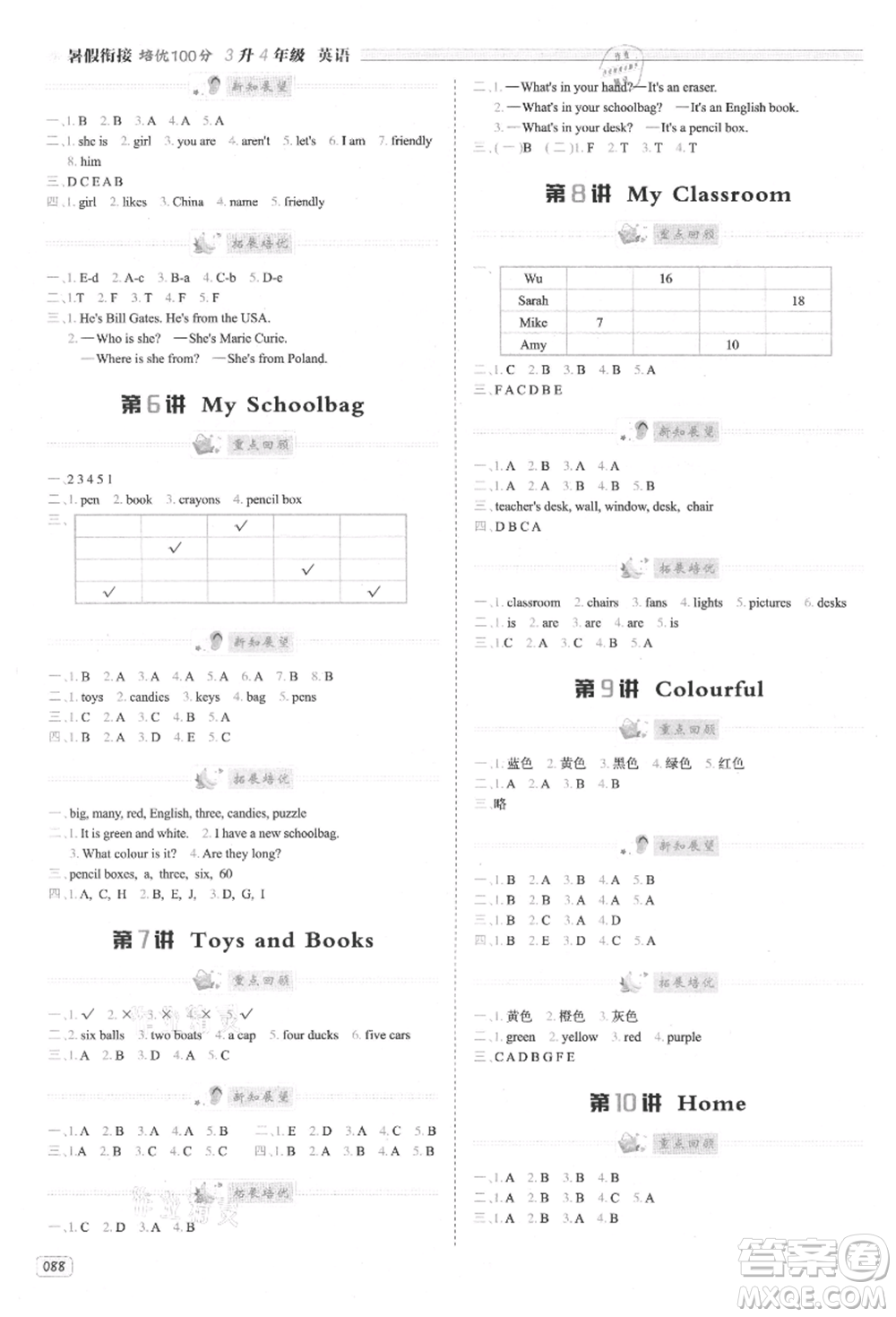 南方日?qǐng)?bào)出版社2021暑假銜接培優(yōu)100分3升4英語16講人教版參考答案