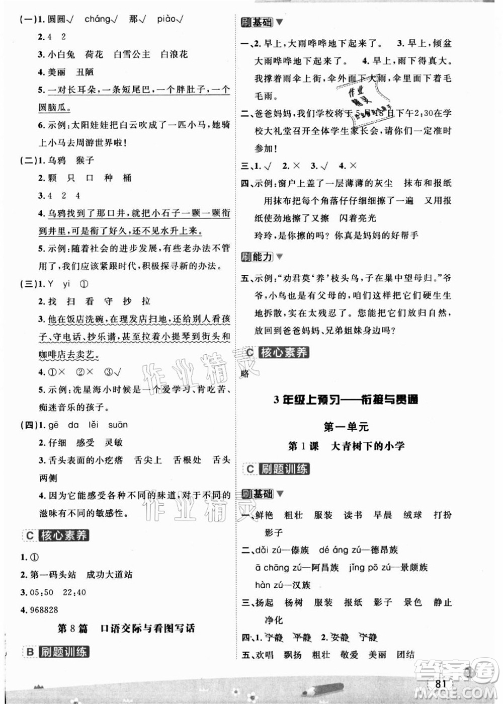 寧波出版社2021名師派暑假銜接2升3年級(jí)語(yǔ)文答案