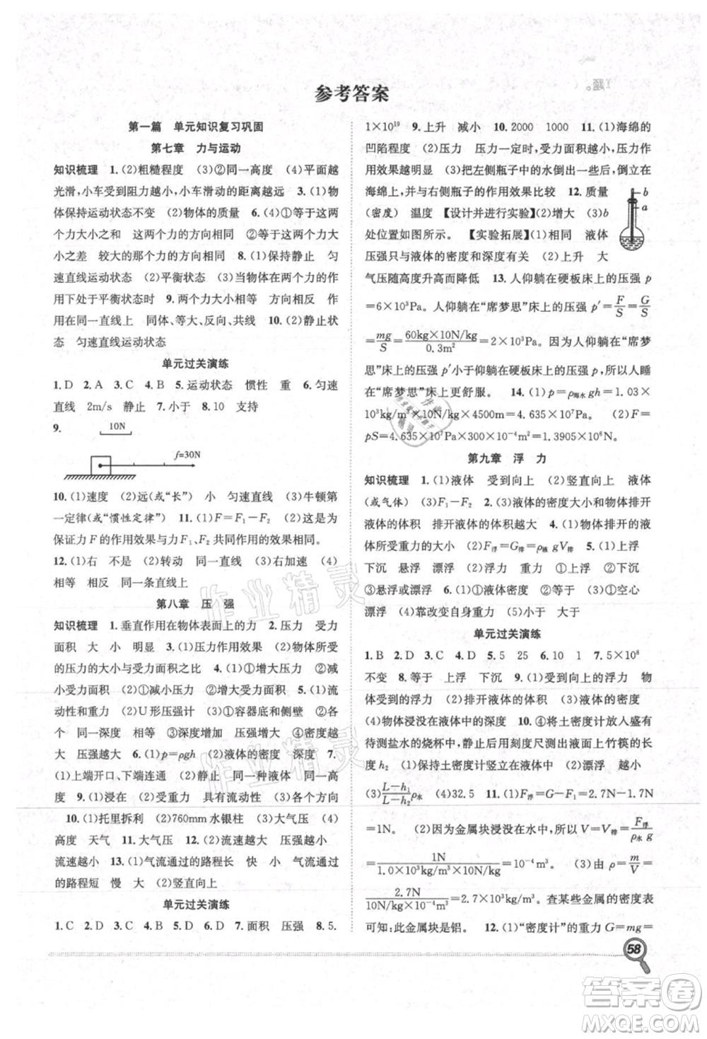 合肥工業(yè)大學出版社2021贏在假期期末+暑假八年級物理滬科版參考答案
