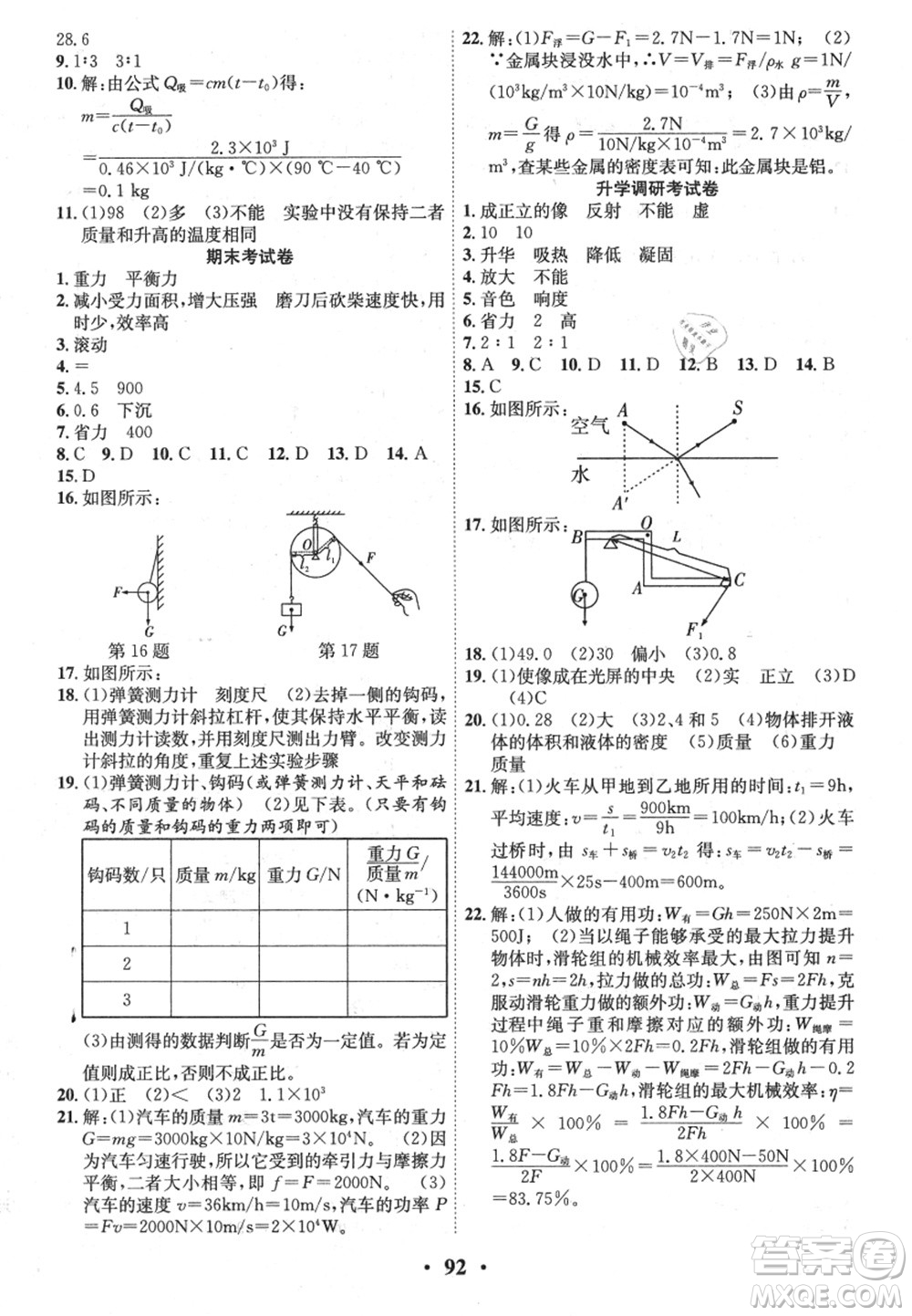 合肥工業(yè)大學出版社2021暑假零距離期末+暑假+銜接八年級物理答案