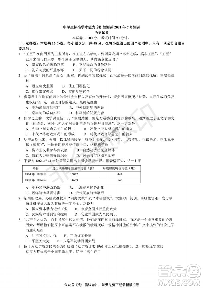 清華學(xué)術(shù)標(biāo)準(zhǔn)THUSSAT2021年7月診斷性測試歷史試卷答案