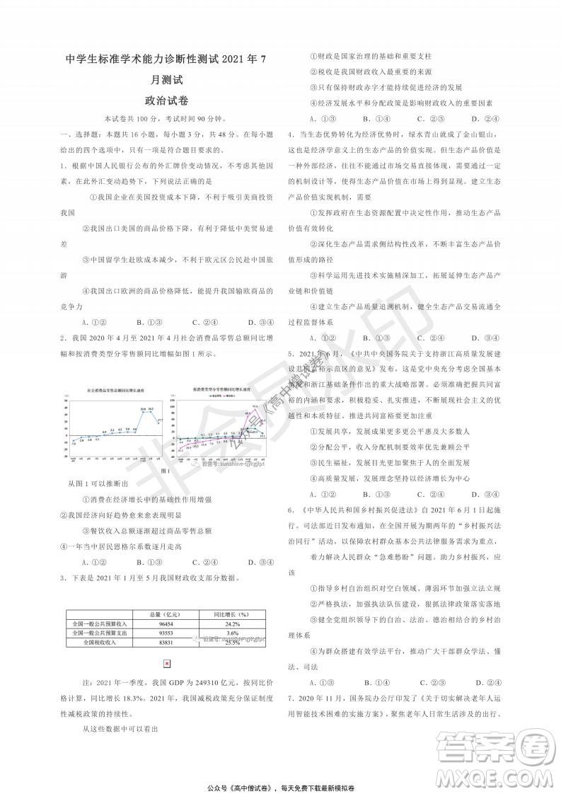 清華學術標準THUSSAT2021年7月診斷性測試政治試卷答案