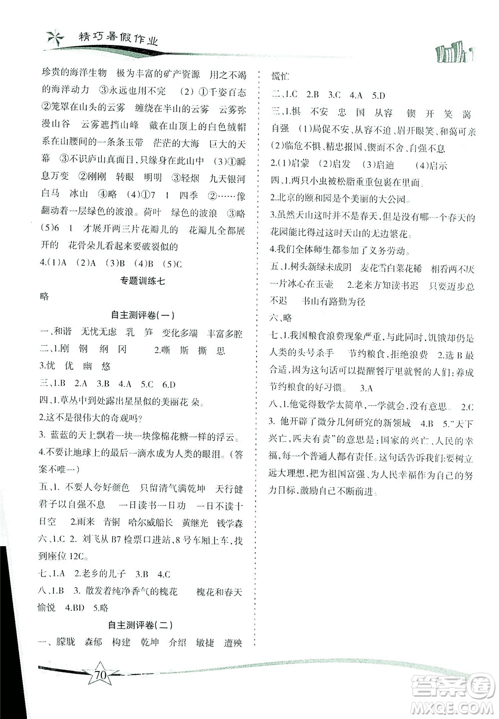 云南美術(shù)出版社2021精巧暑假作業(yè)語文四年級RJ人教版答案