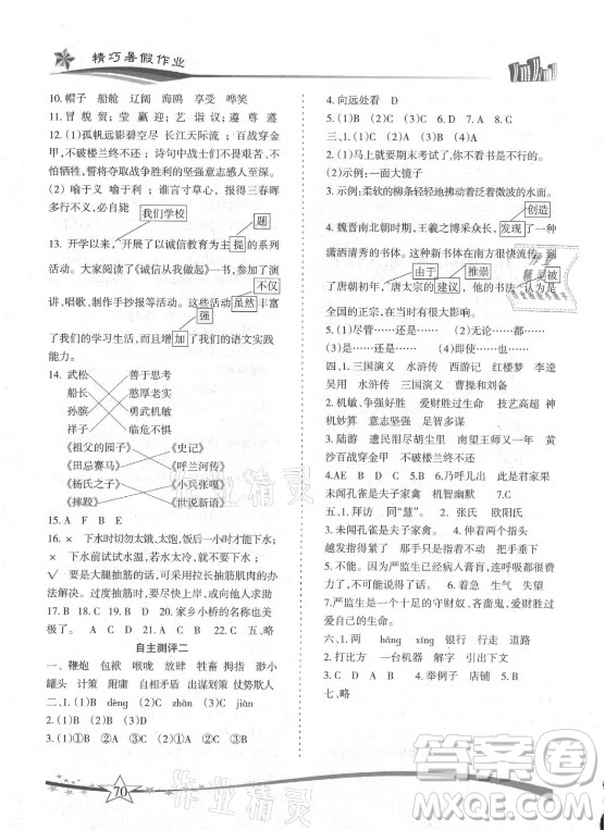 云南美術(shù)出版社2021精巧暑假作業(yè)語(yǔ)文五年級(jí)RJ人教版答案