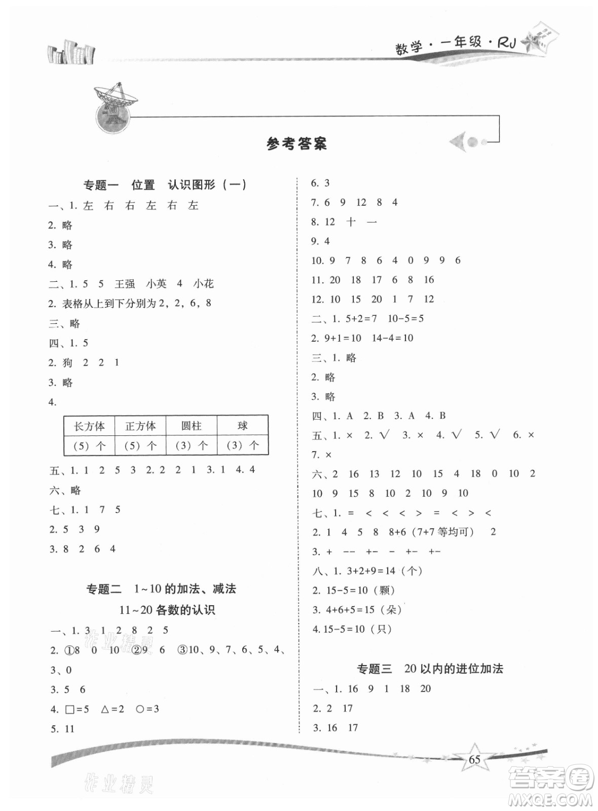 云南美術(shù)出版社2021精巧暑假作業(yè)數(shù)學(xué)一年級(jí)RJ人教版答案