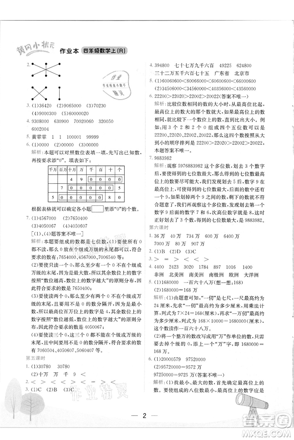 龍門書局2021黃岡小狀元作業(yè)本四年級數(shù)學上冊R人教版答案