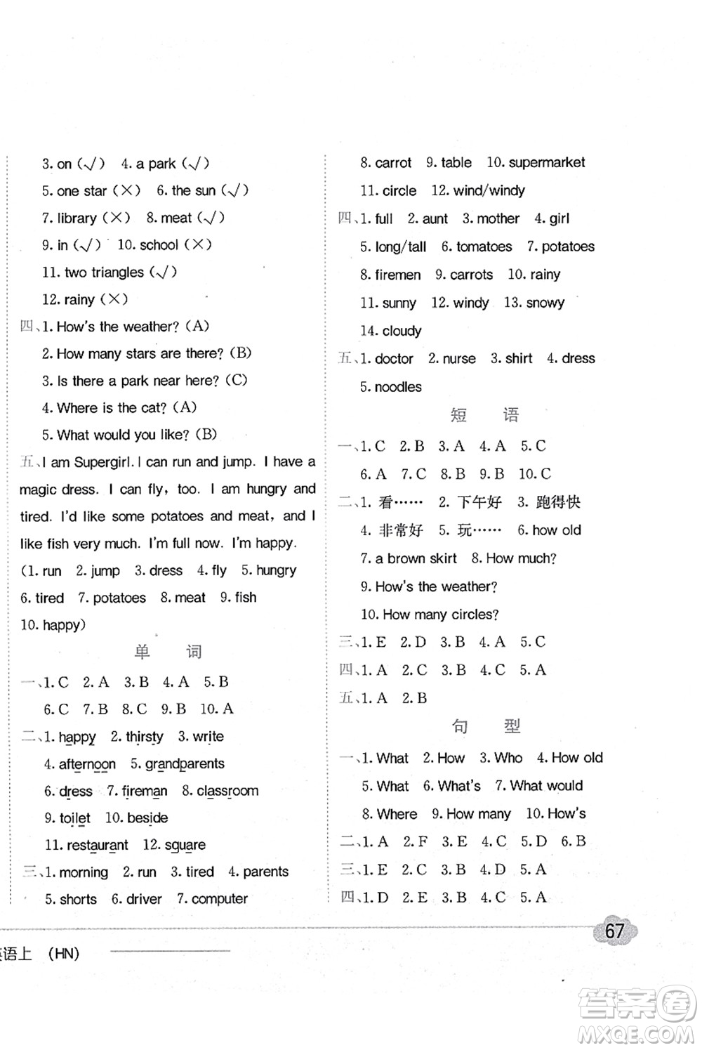龍門書局2021黃岡小狀元作業(yè)本四年級英語上冊HN滬教牛津版答案