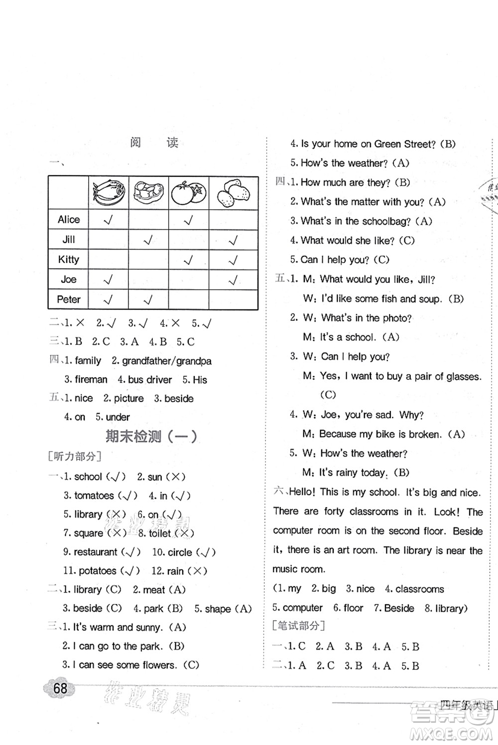 龍門書局2021黃岡小狀元作業(yè)本四年級英語上冊HN滬教牛津版答案