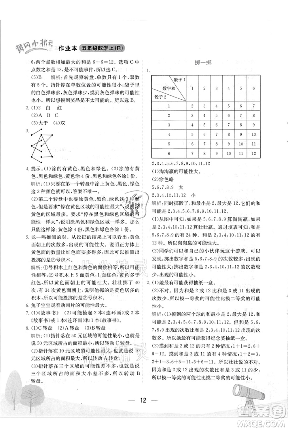 龍門書局2021黃岡小狀元作業(yè)本五年級數(shù)學(xué)上冊R人教版答案