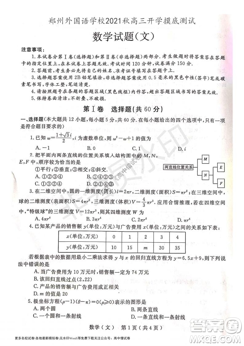 河南省鄭州外國語學(xué)校2021-2022學(xué)年高三開學(xué)摸底測試文科數(shù)學(xué)試題及答案