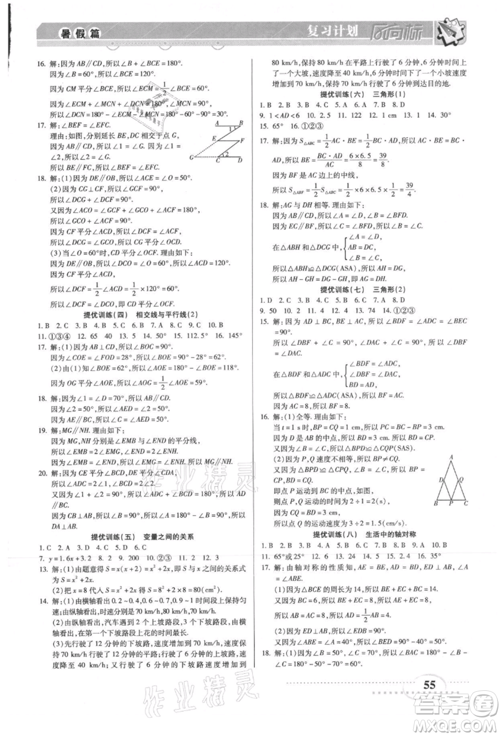 陽光出版社2021復(fù)習(xí)計(jì)劃風(fēng)向標(biāo)期末暑假銜接七年級(jí)數(shù)學(xué)北師版參考答案