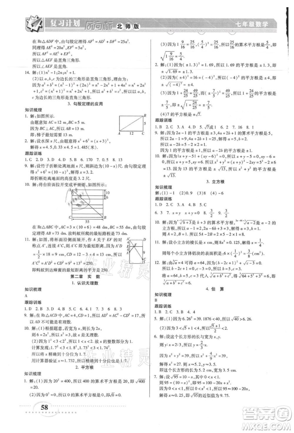 陽光出版社2021復(fù)習(xí)計(jì)劃風(fēng)向標(biāo)期末暑假銜接七年級(jí)數(shù)學(xué)北師版參考答案