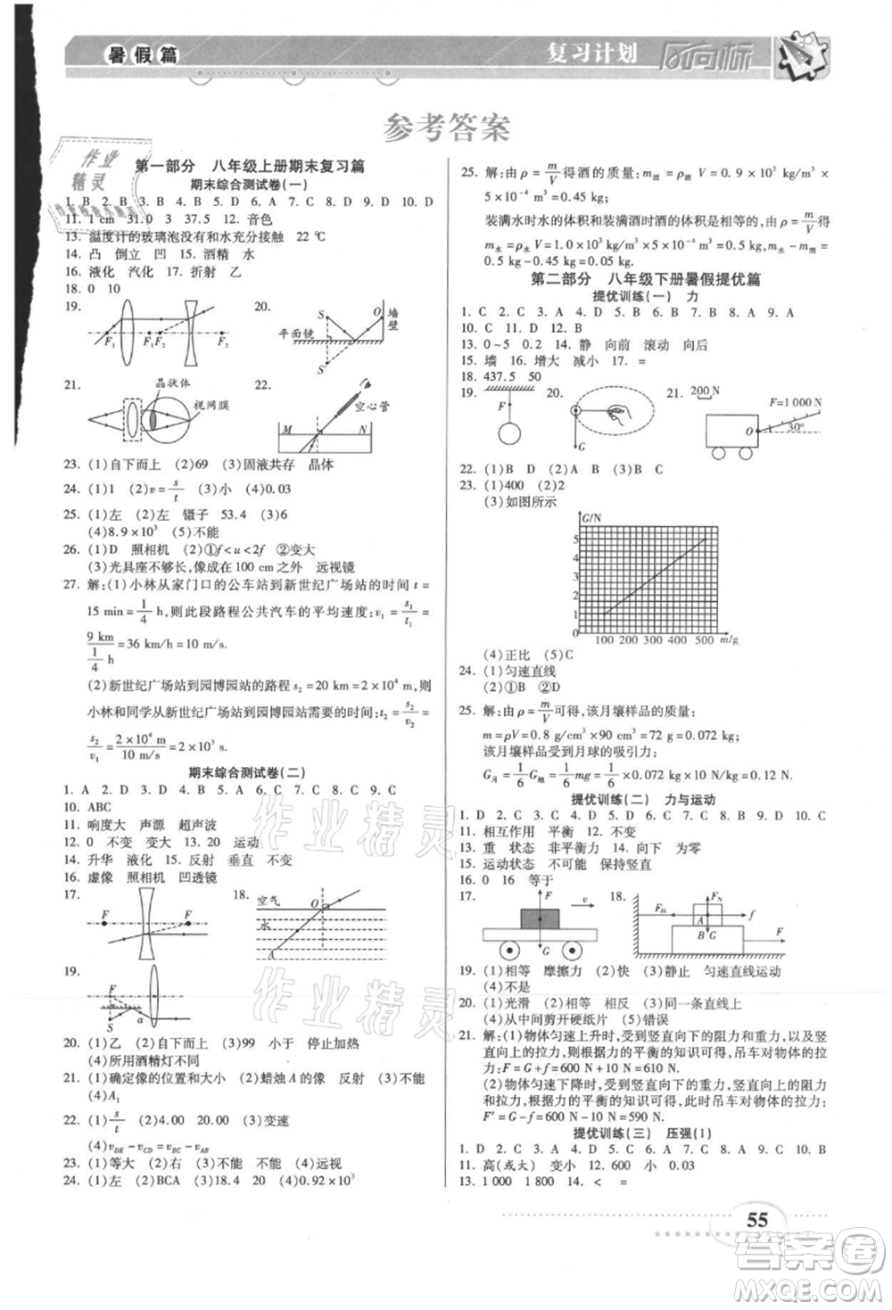 陽光出版社2021復(fù)習(xí)計(jì)劃風(fēng)向標(biāo)期末暑假銜接八年級物理教科版參考答案