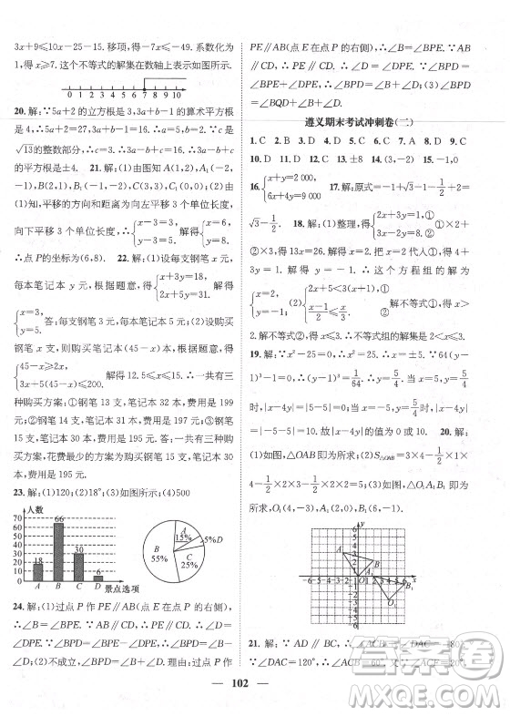 廣東經(jīng)濟(jì)出版社2021期末沖刺王暑假作業(yè)數(shù)學(xué)七年級人教版遵義專版答案