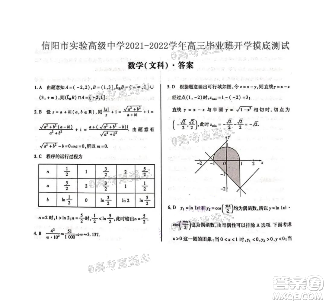 河南信陽市實(shí)驗(yàn)高級中學(xué)2021-2022學(xué)年高三畢業(yè)班開學(xué)摸底測試文科數(shù)學(xué)試題及答案