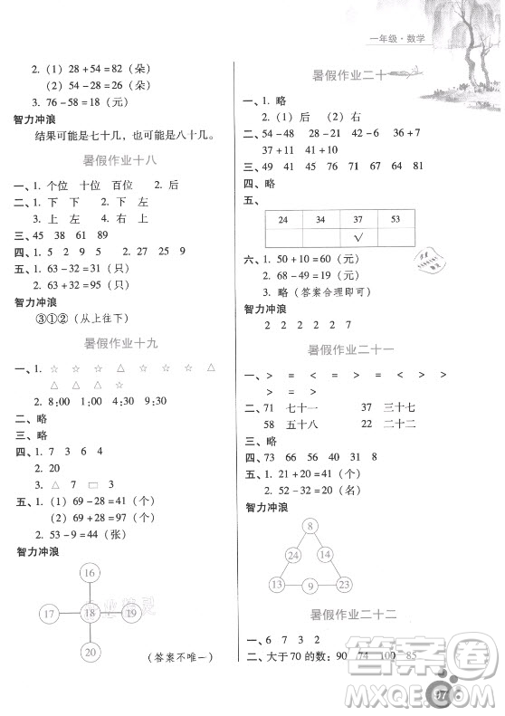 河北少年兒童出版社2021暑假生活數(shù)學一年級冀教版滄州專版答案