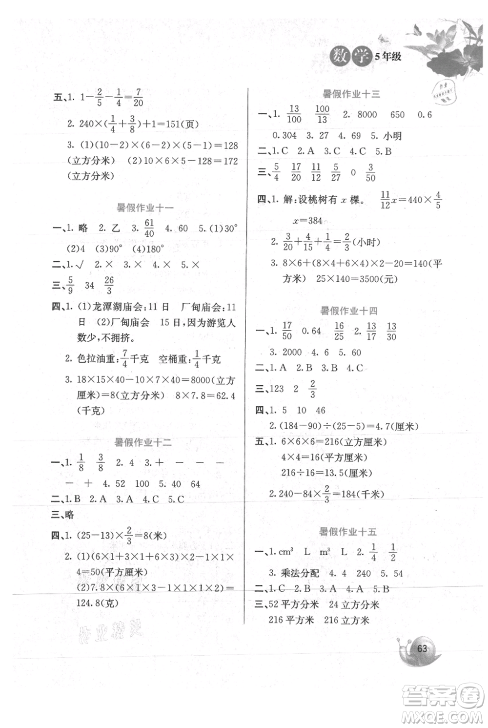 河北美術(shù)出版社2021暑假生活五年級數(shù)學(xué)冀教版參考答案
