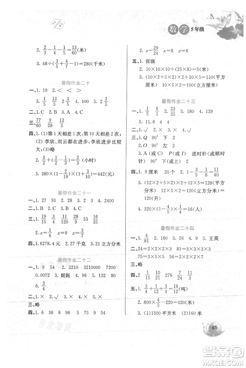 河北美術(shù)出版社2021暑假生活五年級數(shù)學(xué)冀教版參考答案
