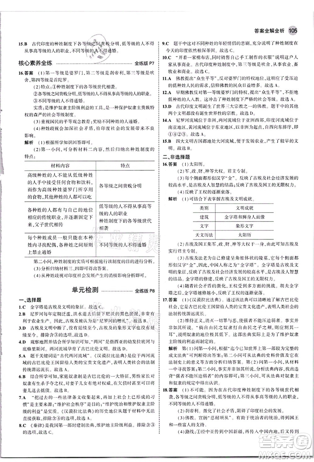 教育科學(xué)出版社2021秋5年中考3年模擬九年級(jí)歷史上冊(cè)人教版答案