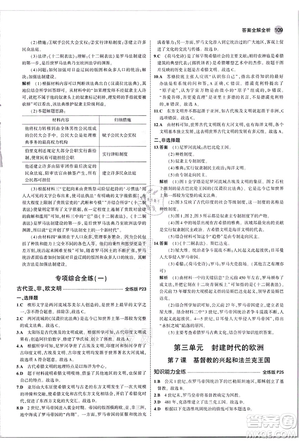 教育科學(xué)出版社2021秋5年中考3年模擬九年級(jí)歷史上冊(cè)人教版答案