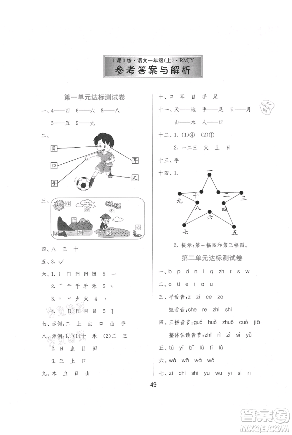 江蘇人民出版社2021年1課3練單元達(dá)標(biāo)測(cè)試一年級(jí)上冊(cè)語文人教版參考答案